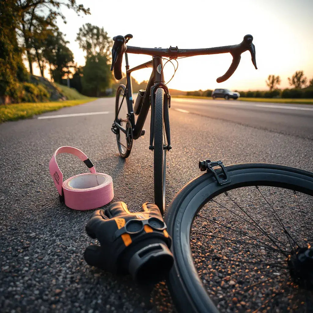 Road bike with performance accessories laid out, showing handlebar tape, gloves, bottle cage, and tubeless tire