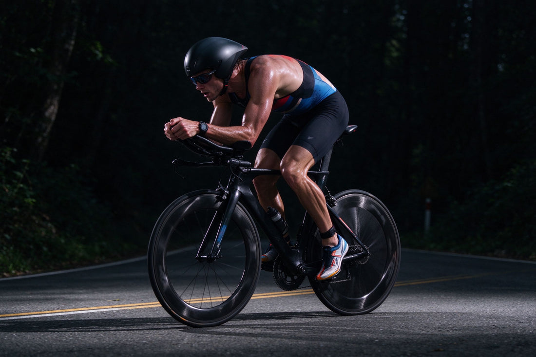 Triathlete on time trial bike with deep section carbon wheels