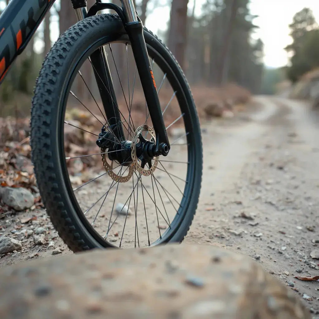 Mountain bike front wheel with disc brake and treaded tire on a dirt trail