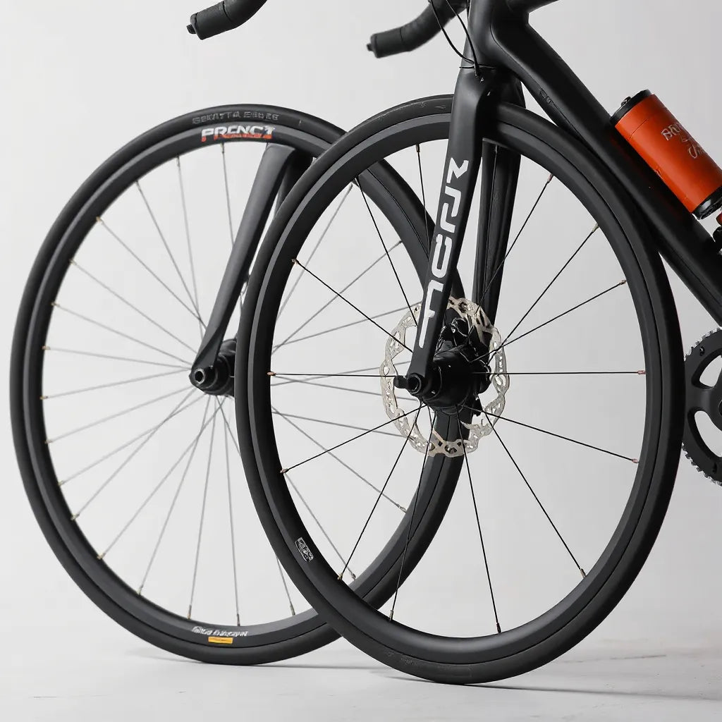 Road bike disc brake wheelset with visible rotors and calipers against a clean neutral background