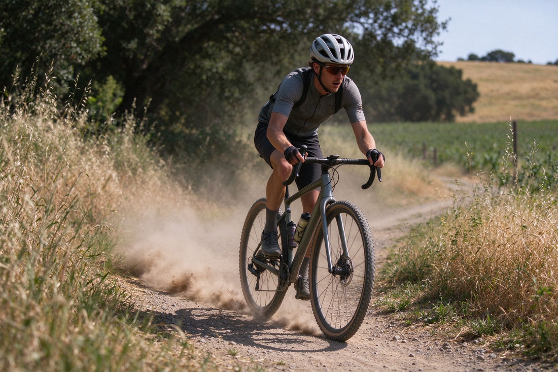 Gravel cyclist riding carbon wheels on dirt trail