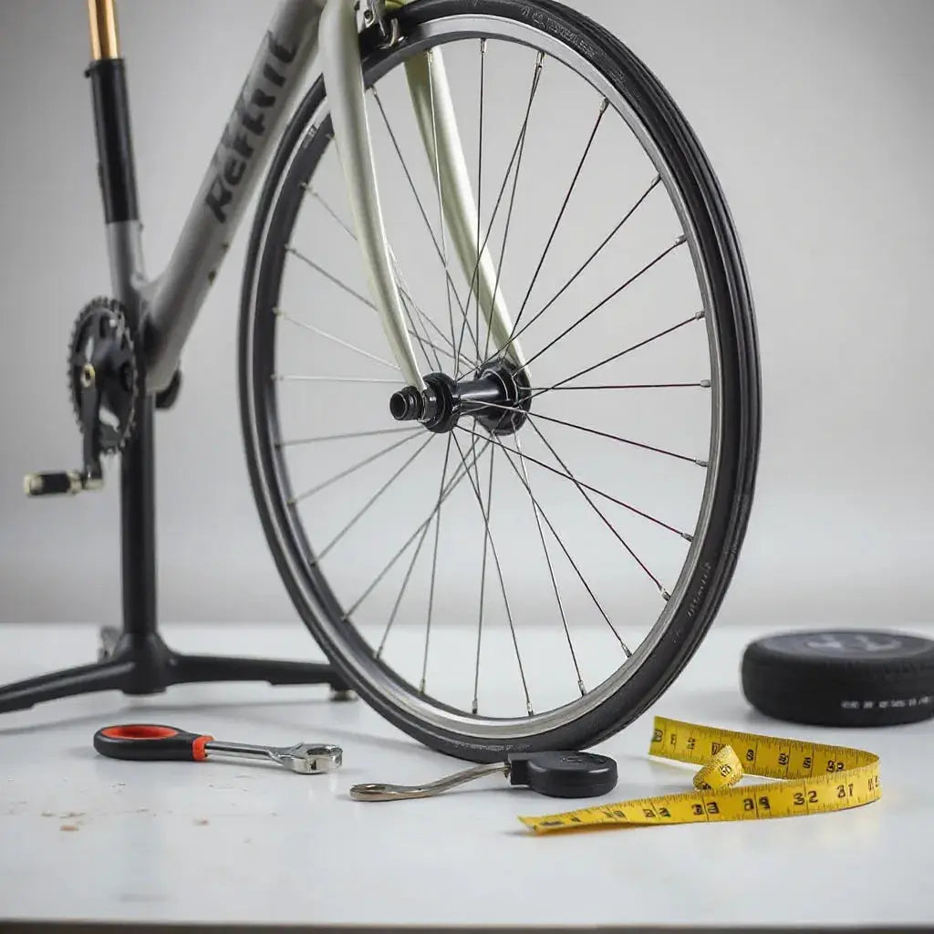 Partially built bicycle wheel on a truing stand with tools nearby
