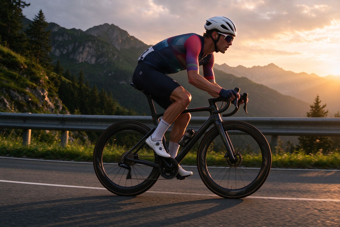 Professional road cyclist riding carbon wheels on mountain road