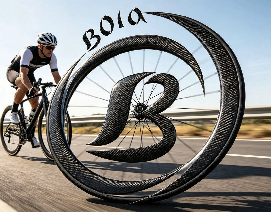 Close-up of a spinning Bola carbon bicycle wheel with a matte black finish and subtle grey accents.