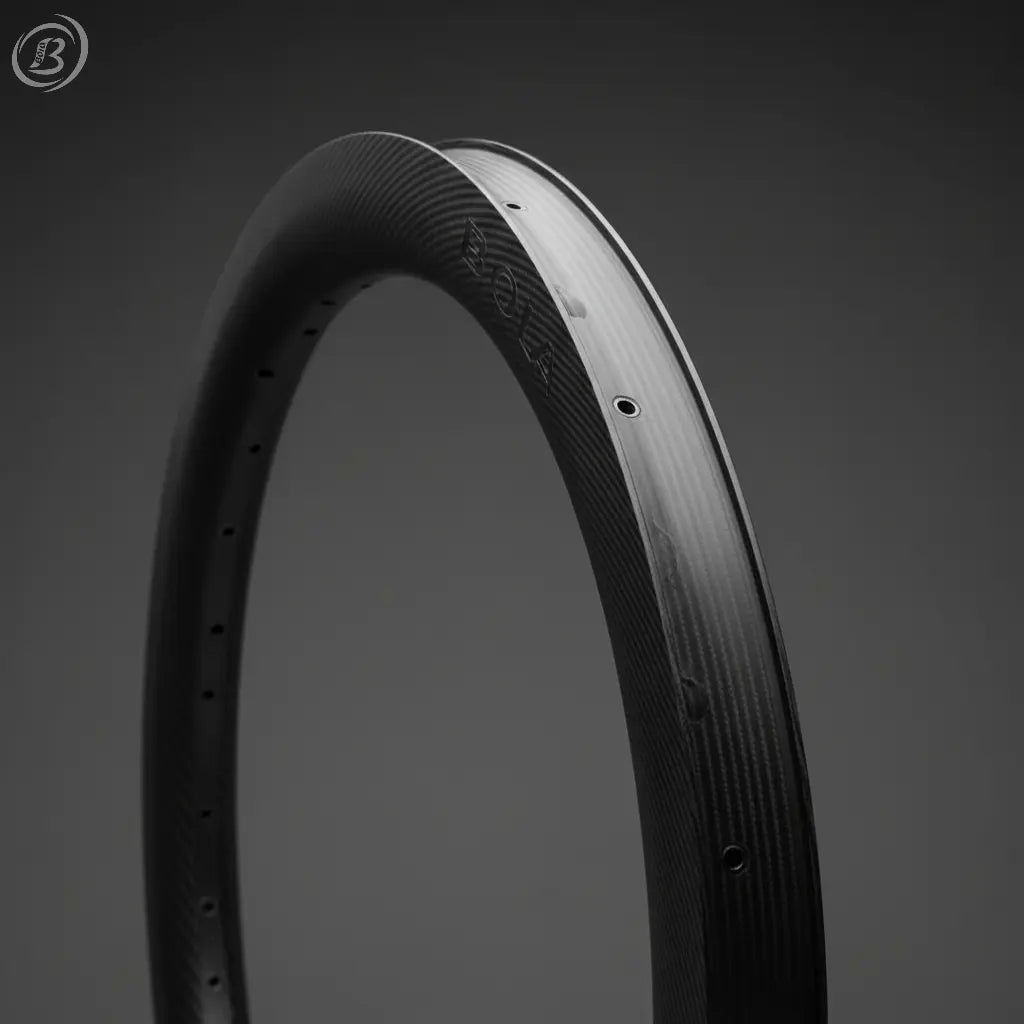 Close-up of a matte black carbon fiber bicycle rim with a smooth aerodynamic profile