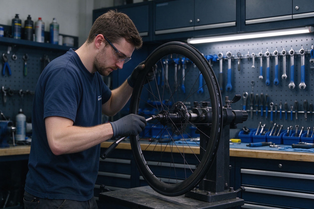 Professional mechanic truing carbon wheelset in workshop