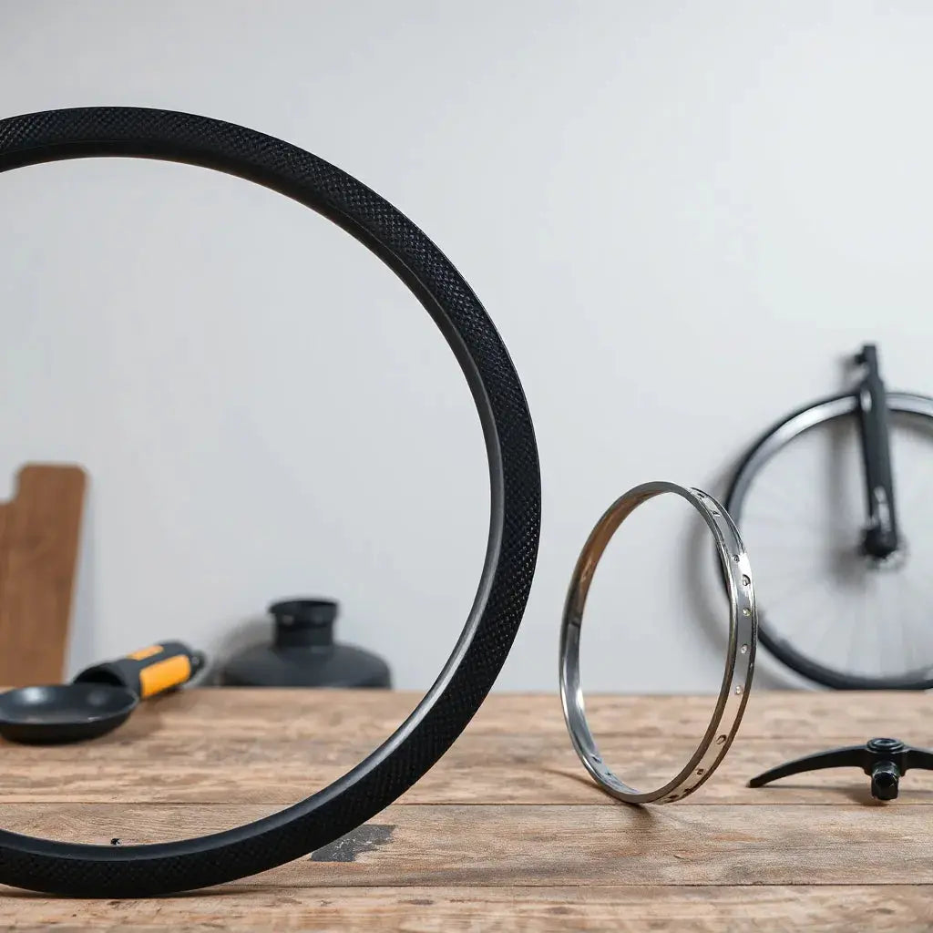 Carbon bicycle wheel rim with visible weave texture and aerodynamic profile detail on a workbench