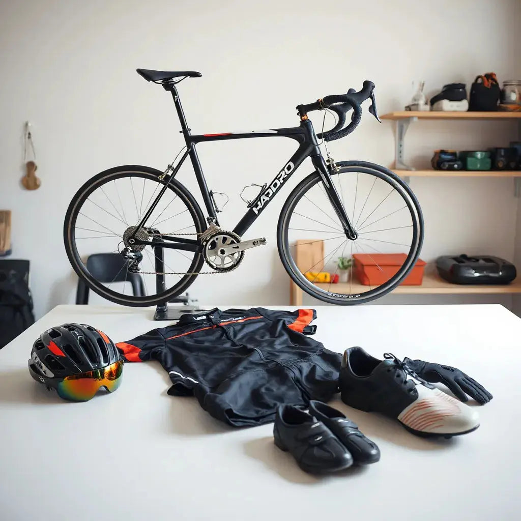 Road bike setup with helmet, bib shorts, cycling shoes, and gloves laid out for a proper fit