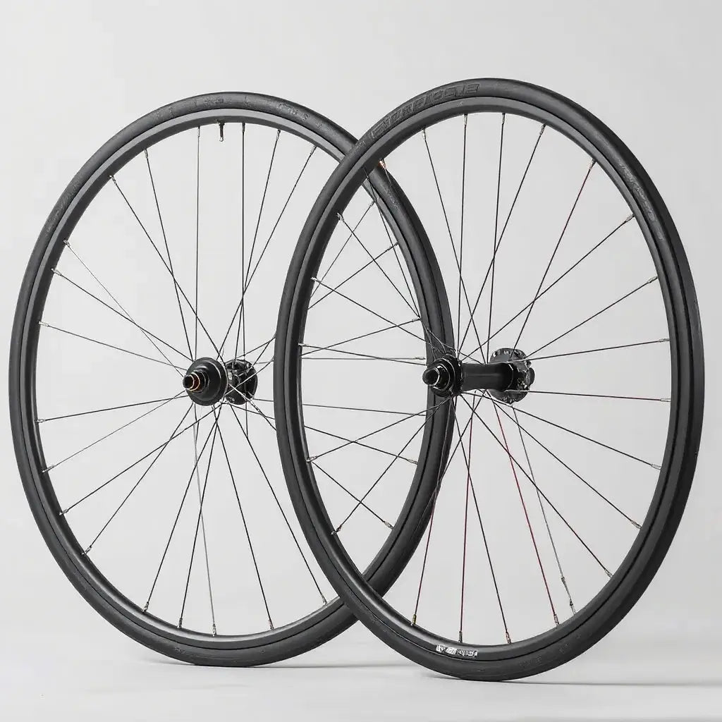 Road bike wheelset with front and rear wheels, showing spokes, tire tread, and brake rotor detail