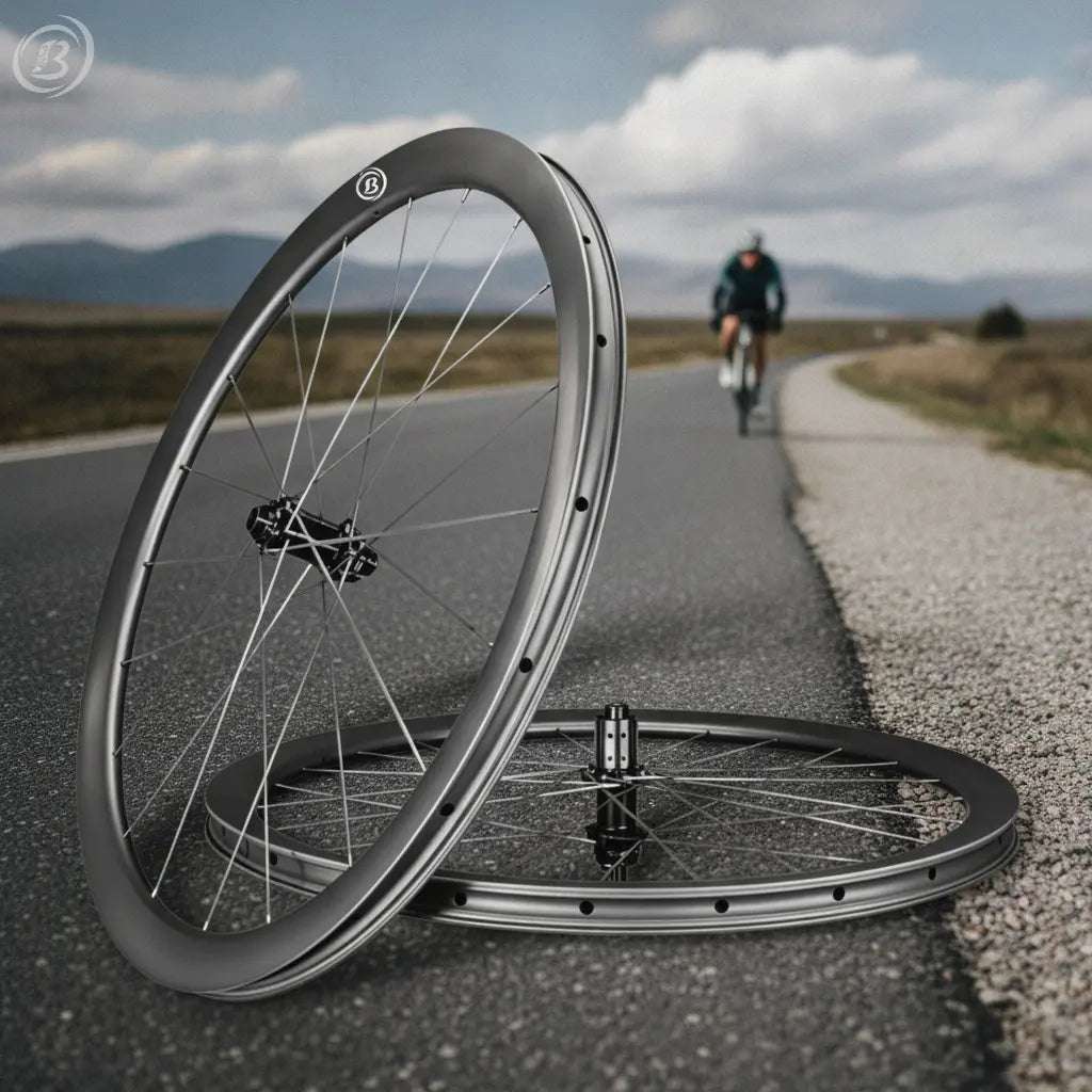 Bola carbon wheelset featuring blade, foil, and aero carbon spokes on a 700C disc brake bike