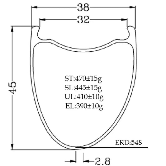 Bola 700C Offset Tubeless Carbon Road Rim diagram showing dimensions: 38mm outer width, 32mm inner width, 45mm profile.