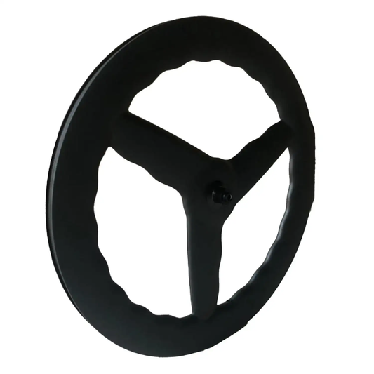 Detail of 3-spoke 700c carbon wheelset hub engagement and patent-pending 3D spoke design