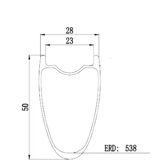 Diagram of Bola 700c Carbon Tubeless Road Rim, 50mm deep, 28mm wide, showing dimensions and ERD of 538.