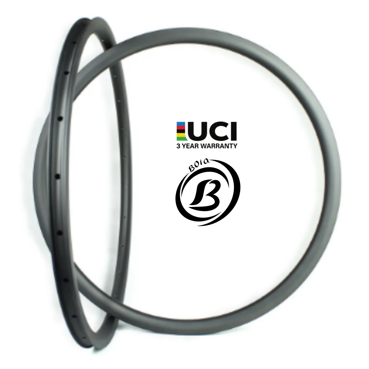 Bola 700c Carbon Rim, Asymmetric Hookless, 30mm Profile, featuring a sleek black design and UCI logo.
