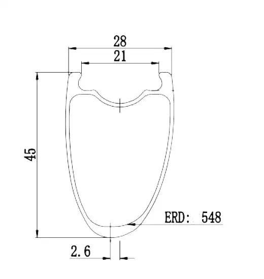 Cross-section diagram Bola 45mm asymmetric carbon rim, showing hook/hookless bead options