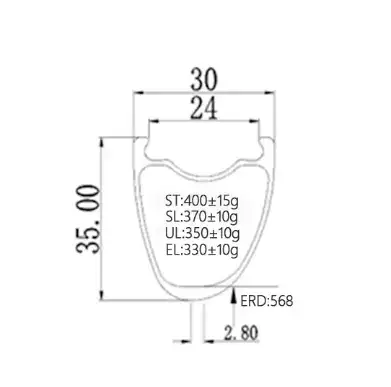 Asymmetric 700c carbon rim cross-section display, 24mm inner width, for tubeless gravel and CX setups