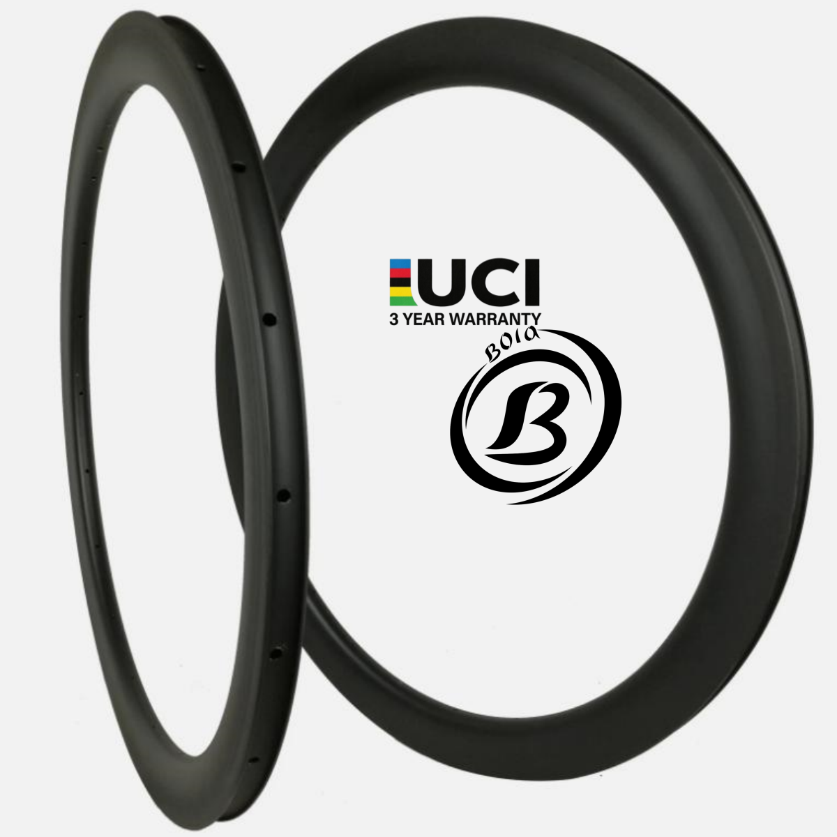 700c Carbon Road Bike Rim 50mm Deep 36mm Wide, featuring a sleek black finish and logos for UCI and warranty.
