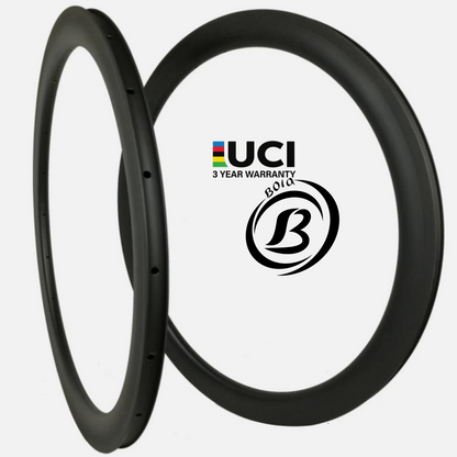 700c Carbon Road Bike Rim 50mm Deep 36mm Wide, featuring a sleek black finish and logos for UCI and warranty.