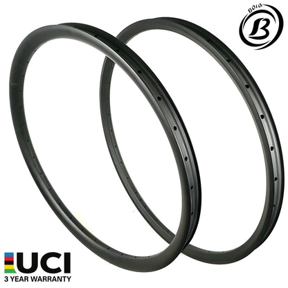 Asymmetric 29er Carbon MTB Rim set with 29mm inner width, designed for tubeless XC/Trail use. UCI logo and 3-year warranty.