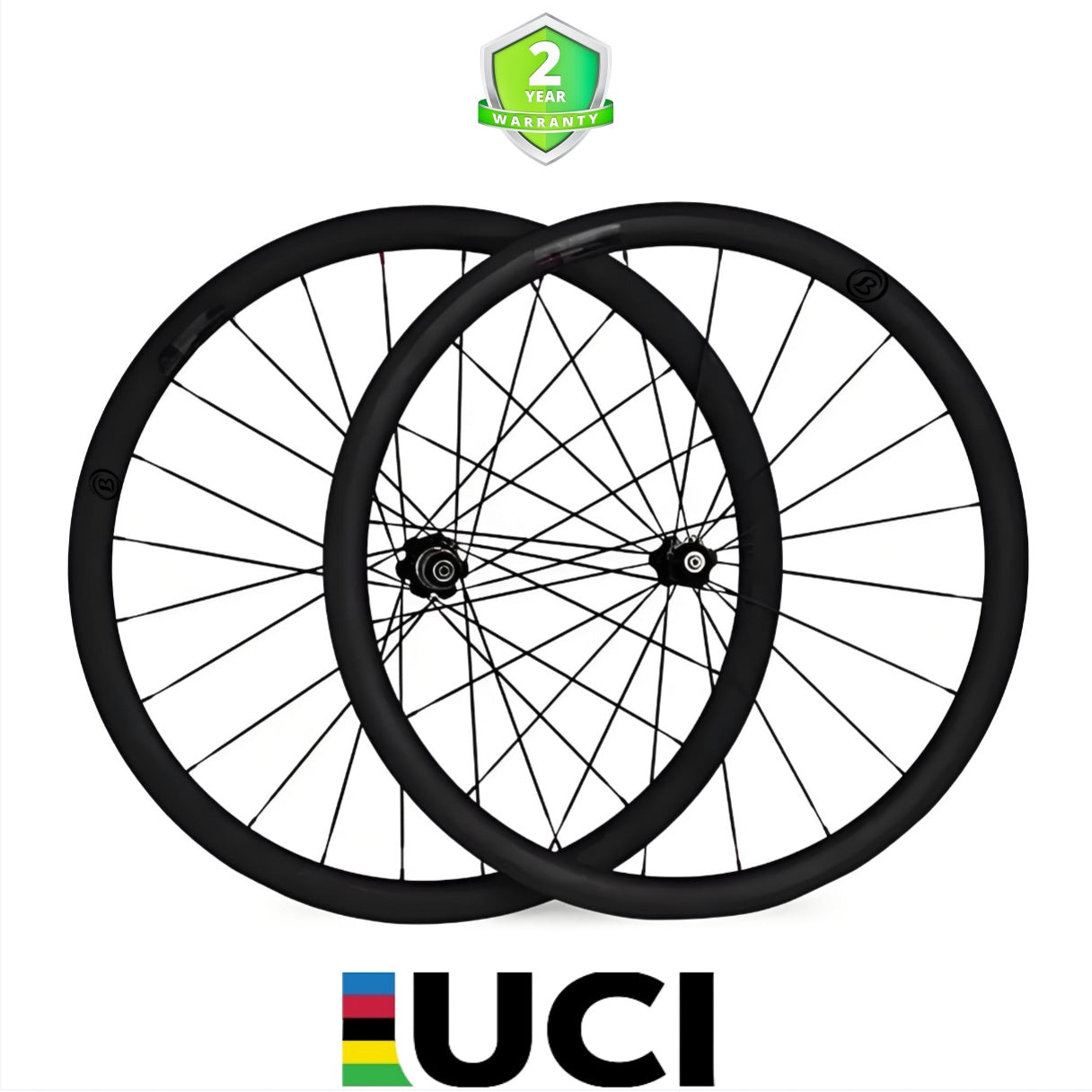 700C Carbon Road Wheelset featuring 50mm tubeless rims, 25mm width, lightweight at 1600g, with UCI logo and 2-year warranty b