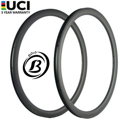 Bola 30mm Inner Width Tubeless Ready Carbon Road Rim set, 700C, 30mm high, lightweight design, UCI logo, 3-year warranty.