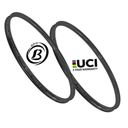 Bola 700C Carbon Road Rim, 30mm aero, tubeless, 28mm wide, lightweight design, featuring UCI logo and 3-year warranty.