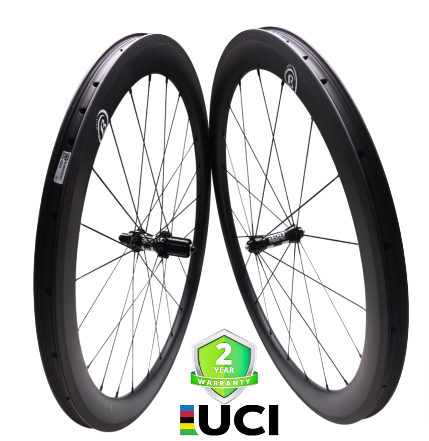 50mm Carbon Rim Brake Road Wheelset with DT350 Hubs, tubeless design, 25mm wide, 700C size, featuring a 2-year warranty.