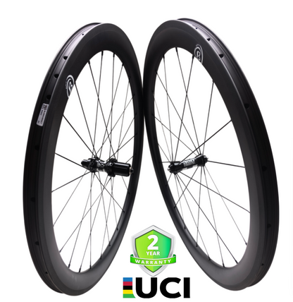 50mm Carbon Rim Brake Road Wheelset with DT350 Hubs, tubeless design, 25mm wide, 700C size, featuring a 2-year warranty.