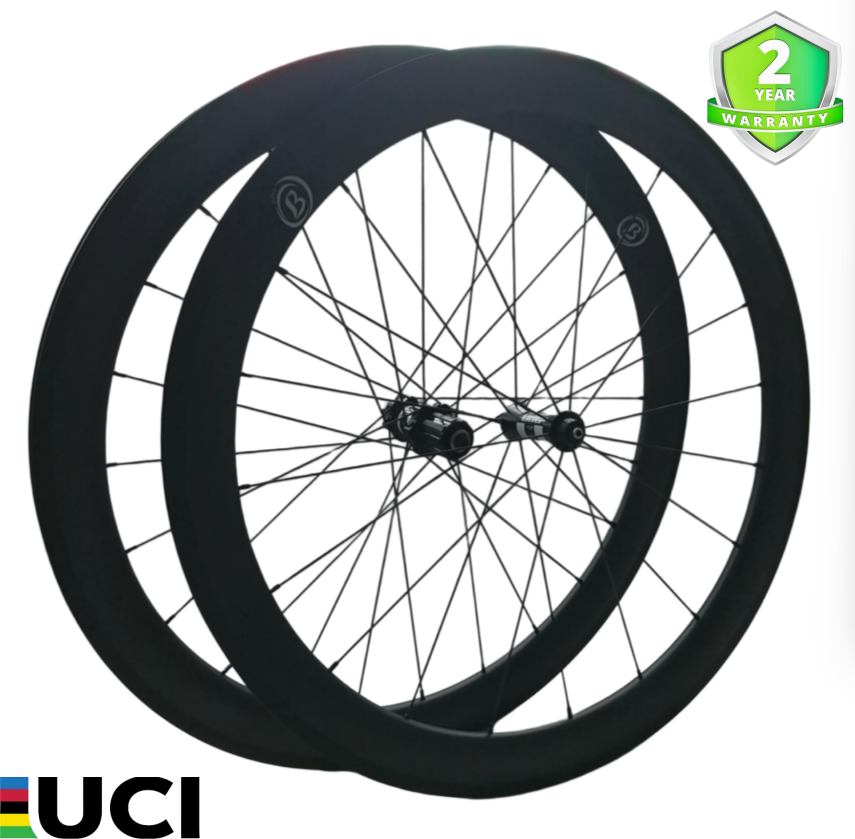 700C Carbon Road Wheelset with 50mm tubeless rim brake, 25mm wide, lightweight at 1600g, featuring a 2-year warranty.