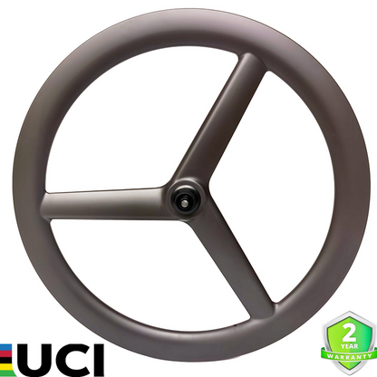 700C Carbon Three-Spoke Front Wheel featuring a sleek design, 28mm aero profile, and tubeless compatibility for triathlon and