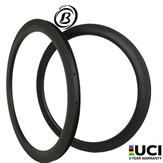 700c Carbon Tubeless Rim 50mm, 30mm wide, ultralight design, showcasing a pair of sleek black rims for road bikes.