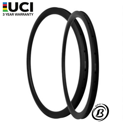Asymmetric Carbon 27.5 MTB Rim, ultralight design, 30mm inner width, tubeless compatible, featuring UCI logo and warranty.
