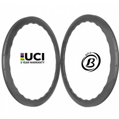 Bola 700C Carbon Road Rim featuring a wavy U-shape design, 55/60mm depth, 28mm width, with UCI logo and warranty.