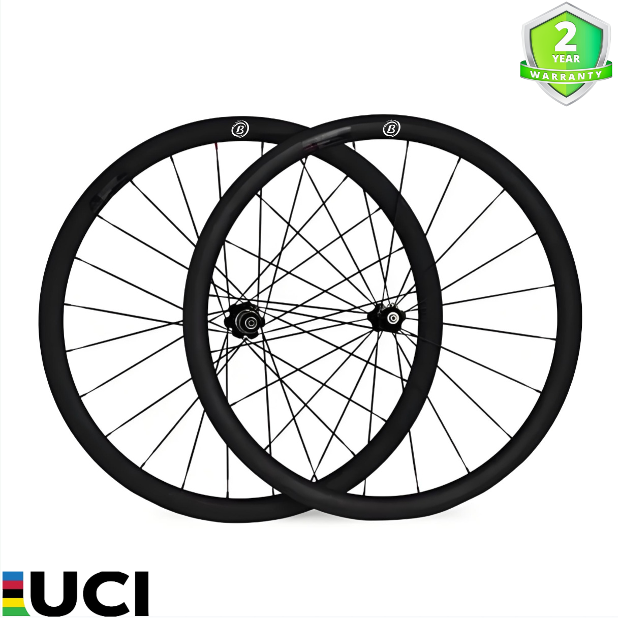 38mm Carbon Tubeless Road Wheelset, 700C, 25mm wide, rim brake, lightweight design, featuring black rims and spokes.