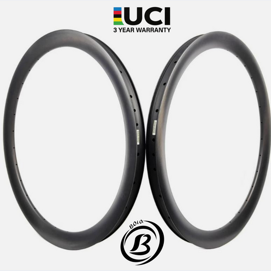 Bola 700c Tubeless Carbon Road Rim set, 45mm deep and 30mm wide, featuring a sleek black finish and UCI logo.
