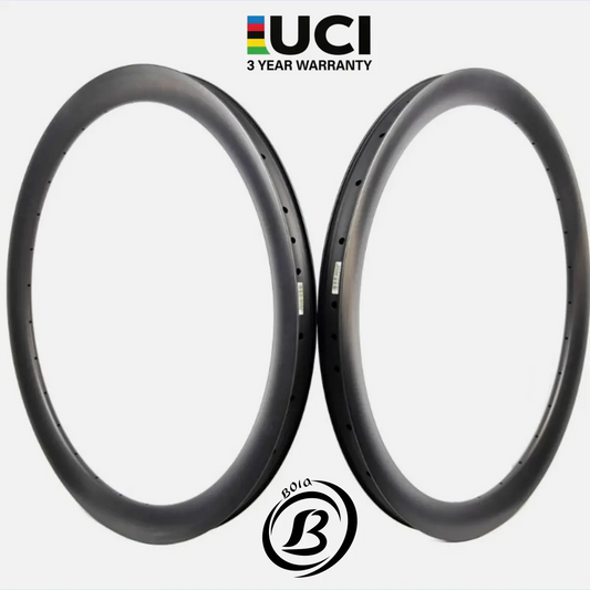 Bola 700C 50mm Carbon Tubeless Road Rim pair with 32mm inner and 38mm outer width, featuring an asymmetric offset profile.
